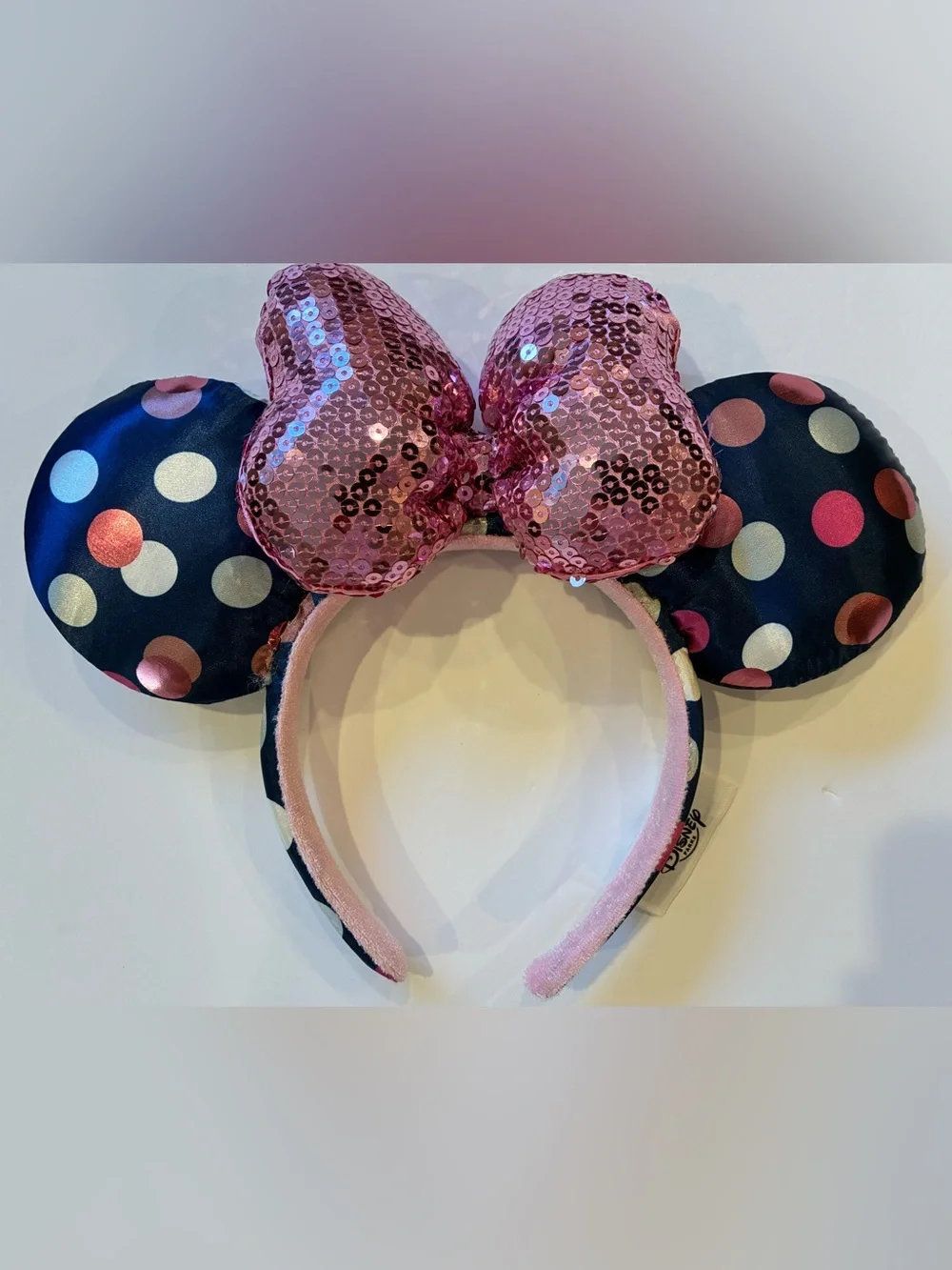 Disney Parks Minnie Mouse Ears Headband Navy Polka Dot Pink Sequin Bow